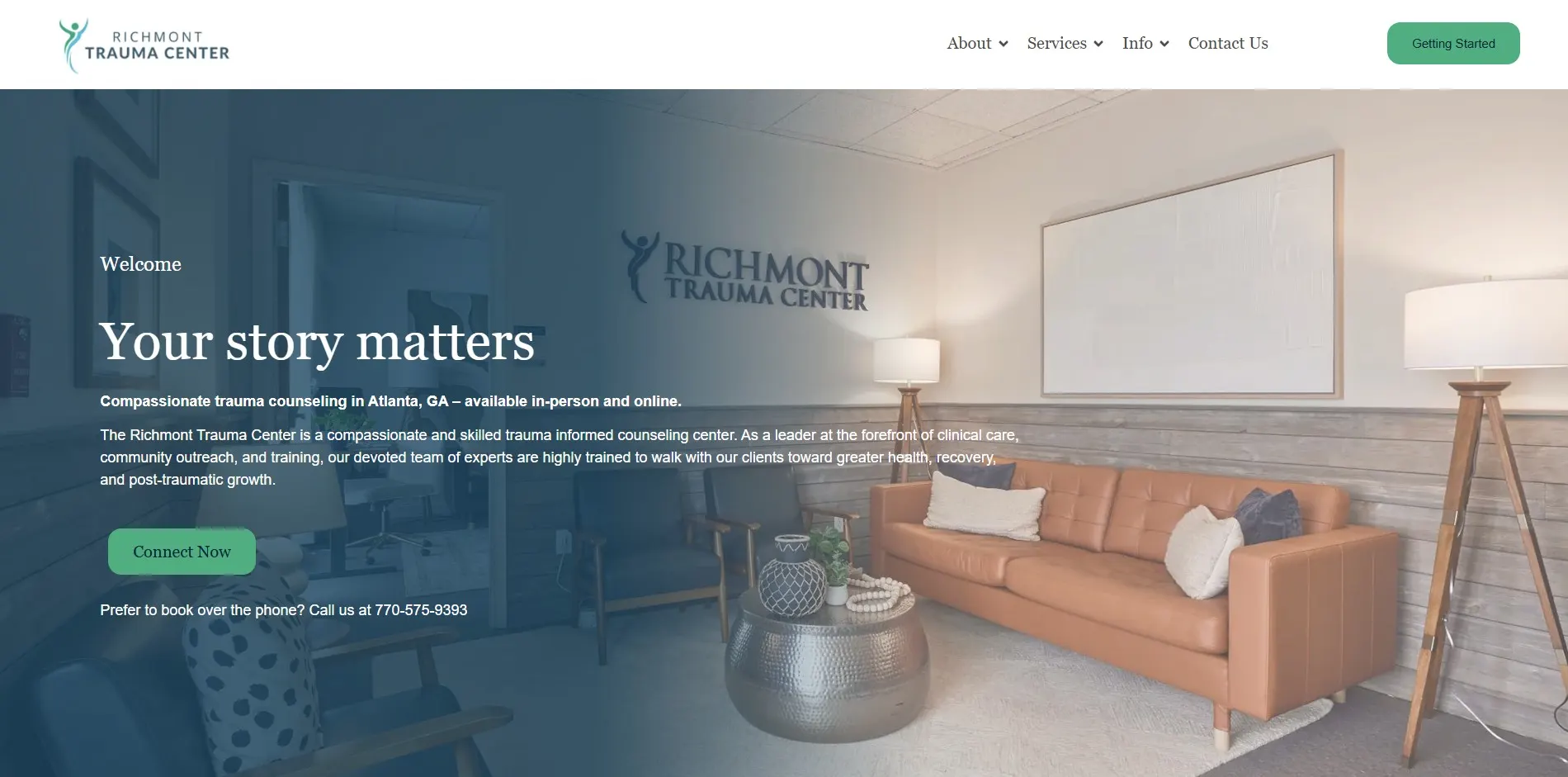 Richmont Trauma Center homepage with a welcoming message 'Your story matters.' Features a cozy office image with a brown leather sofa, white pillows, a floor lamp, and a woven coffee table, creating a comforting and professional atmosphere. Navigation menu and 'Getting Started' button visible.