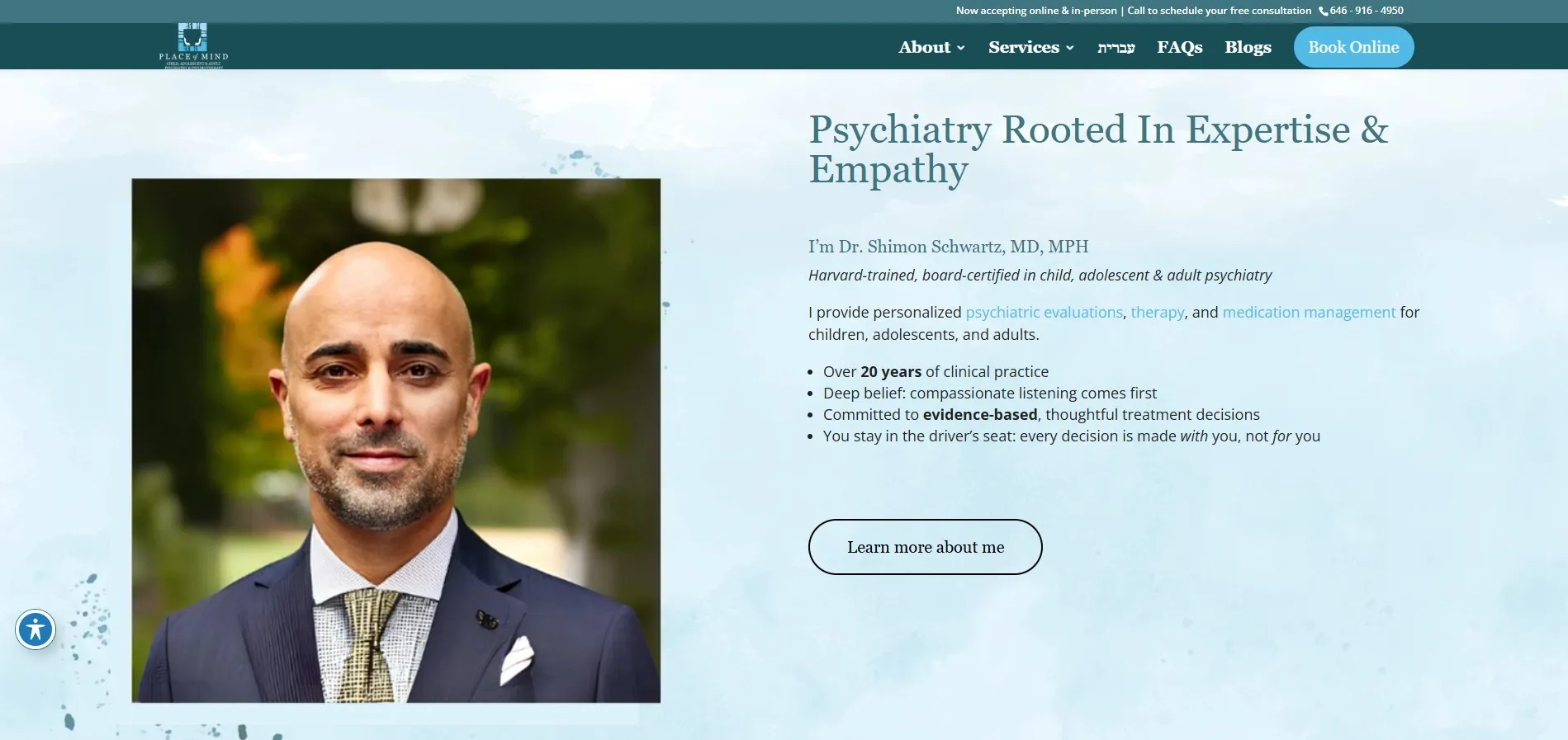 A professional website with a headshot of a bald man in a suit. Text highlights psychiatric services focusing on expertise and empathy. The mood is reassuring.